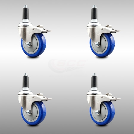 Service Caster 4 Inch 316SS Blue Poly Swivel 1 Inch Expanding Stem Caster Set Lock Brake SCC-SS316TTLEX20S414-PPUB-BLUE-1-4